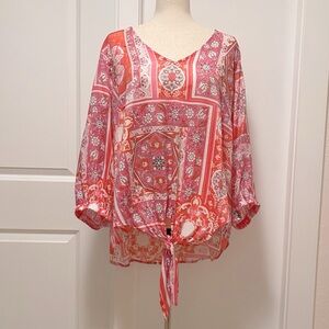 Olivia & Martin Pink Abstract Floral Tie Front Blouse Lightweight Plus Size 3X